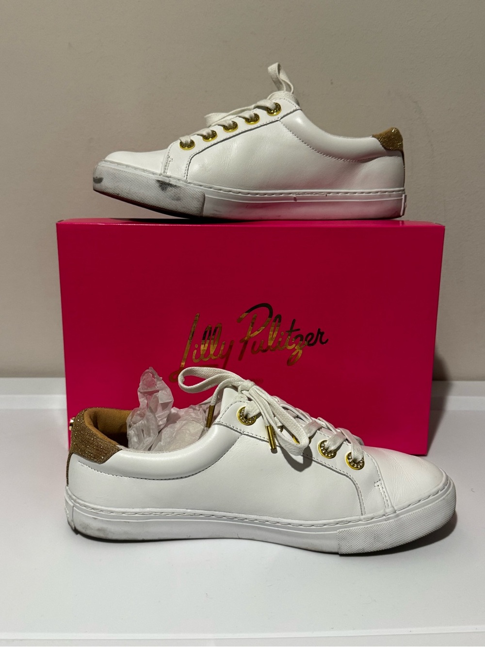 Lilly Pulitzer White Leather Sneakers with Gold Accents